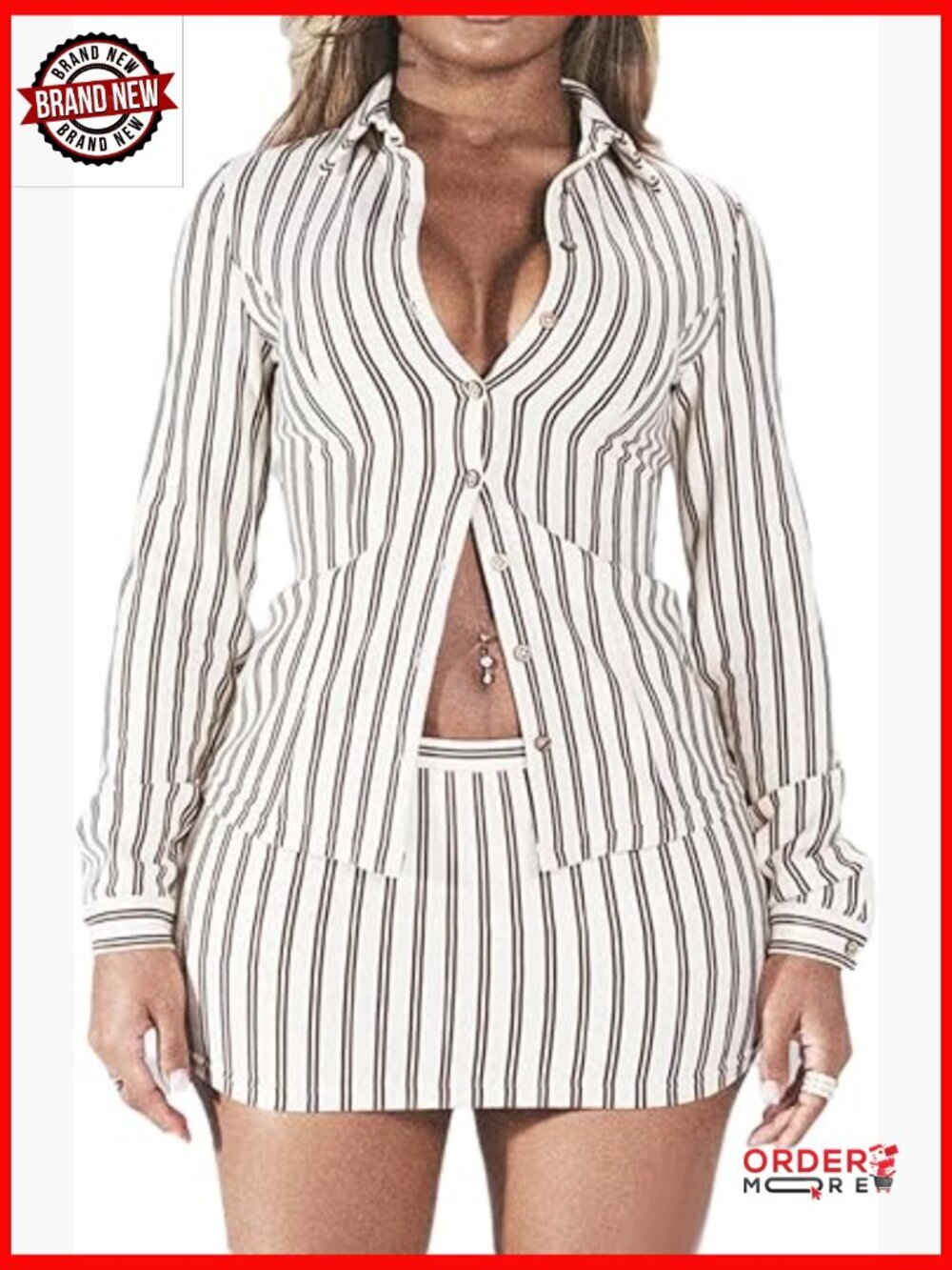Button Down Shirt and Mini Skirt Set with Striped Print Long Sleeve